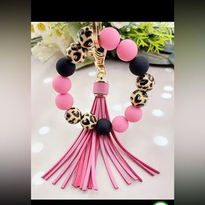 Acrylic Leopard Pink Keychain Bracelet Purse Charm With Tassel